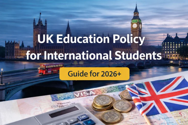 UK Education Policy for international students. official documents with a UK flag and London landscape.